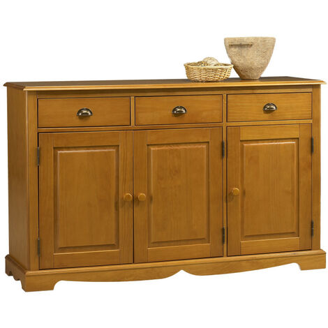 Beaux Meubles Pas Chers – Buffet bas 3 portes 3 tiroirs en pin massif miel – Style anglais – L 146.6 x H 89.6 x P 42.5 cm – Rangement élégant pour salon et salle à manger
