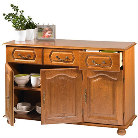 Beaux Meubles Pas Chers – Buffet bas en chêne massif 3 portes 3 tiroirs – Dimensions 120.5x41x77 cm – Quincaillerie métal doré vieilli – Fabriqué en France