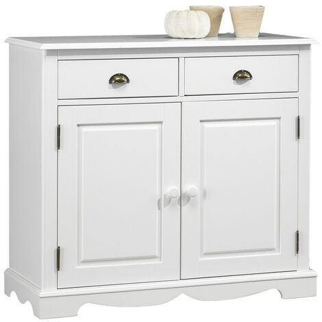 Beaux Meubles Pas Chers – Buffet blanc 2 portes 2 tiroirs style anglais – Dimensions L 101 x H 90 x P 42 cm – Structure en pin massif et MDF teinté blanc
