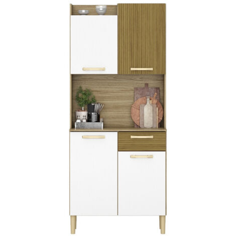 Beaux Meubles Pas Chers – Buffet de cuisine 4 portes 1 tiroir imitation chêne et blanc – Dimensions L 73.6 cm H 175.7 cm P 36.3 cm – 8 niches et 2 tablettes