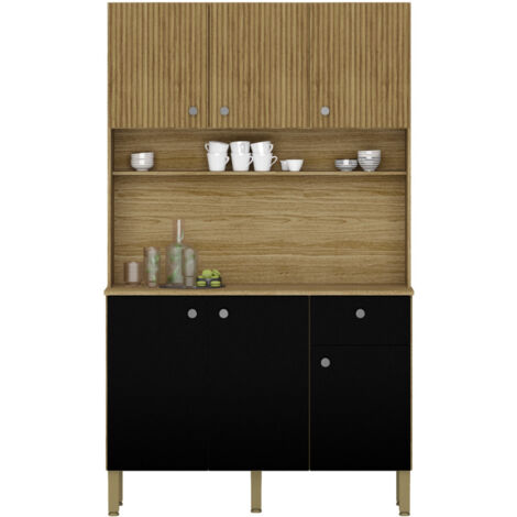 Beaux Meubles Pas Chers – Buffet de cuisine 6 portes 1 tiroir chêne noir – 7 niches – Dimensions L 111 x H 185 x P 39.3 cm – Structure panneaux de particules