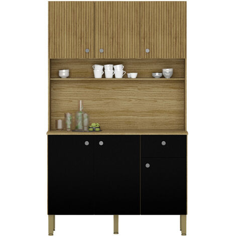Beaux Meubles Pas Chers – Buffet de cuisine 6 portes 1 tiroir chêne noir – 7 niches L 111 cm H 185 cm P 39.3 cm – Bois certifié FSC – Montage facile