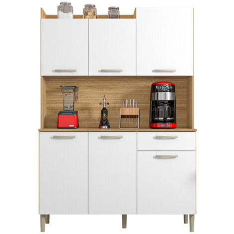 Beaux Meubles Pas Chers – Buffet de cuisine 6 portes 1 tiroir imitation chêne et blanc – Dimensions L 121.5 x H 176 x P 36.3 cm – 8 niches et 2 étagères