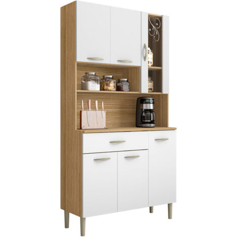 Beaux Meubles Pas Chers – Buffet de cuisine 6 portes 1 tiroir imitation chêne et blanc – Dimensions L 90.9 x H 173.5 x P 36.3 cm – Rangement optimal avec 7 niches