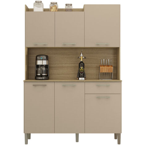 Beaux Meubles Pas Chers – Buffet de cuisine 6 portes 1 tiroir imitation chêne et taupe – Dimensions L 121.5 x H 176 x P 36.3 cm – Bois certifié FSC