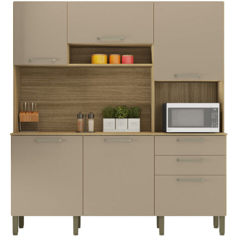 Beaux Meubles Pas Chers – Buffet de cuisine 6 portes 2 tiroirs imitation chêne et taupe – Dimensions L 180.2 H 198 P 38.8 cm – 12 niches et 3 tablettes