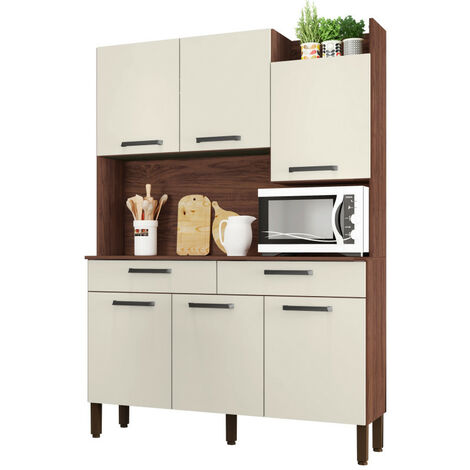 Beaux Meubles Pas Chers – Buffet de cuisine 6 portes 2 tiroirs imitation noyer et blanc – 10 niches – L 132 x H 186 x P 38.8 cm – Bois certifié FSC