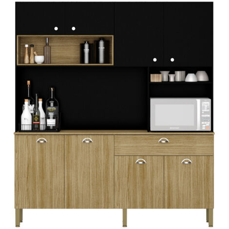 Beaux Meubles Pas Chers – Buffet de cuisine 8 portes 1 tiroir 10 niches – Imitation chêne et noir – Dimensions L 182.8 x H 205 x P 39.3 cm – 6 pieds réglables