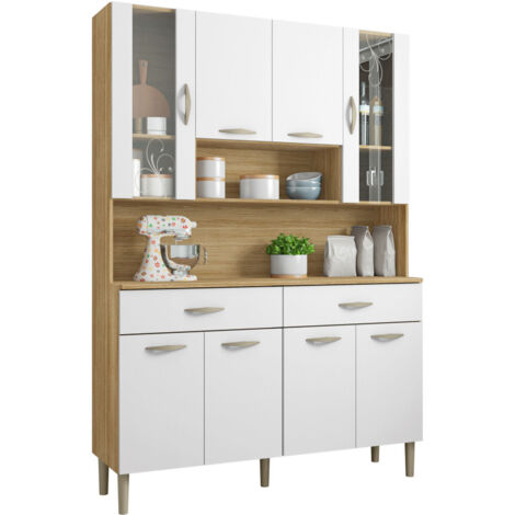 Beaux Meubles Pas Chers – Buffet de cuisine 8 portes 2 tiroirs imitation chêne et blanc – Dimensions L 121.4 x H 173.5 x P 36.3 cm – 9 niches pratiques