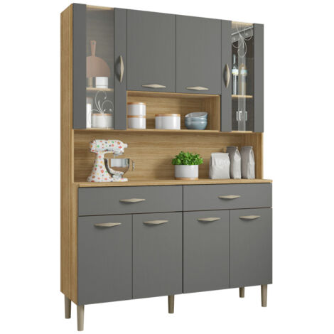 Beaux Meubles Pas Chers – Buffet de cuisine 8 portes 2 tiroirs imitation chêne et gris – Dimensions L 121.4 x H 173.5 x P 36.3 cm – 9 niches de rangement
