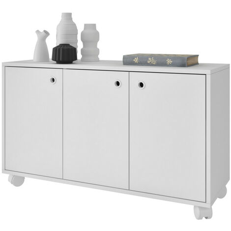 Beaux Meubles Pas Chers – Buffet meuble de rangement blanc 3 portes sur roulettes – Structure en panneaux de particules mélaminés – Longueur 90 cm – Hauteur 53.5 cm