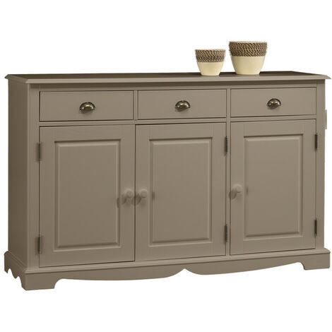 Beaux Meubles Pas Chers – Buffet taupe 3 portes 3 tiroirs – Dimensions L 146.6 x H 89.6 x P 42.5 cm – MDF teinté avec vernis nitrocellulosique – Poignées en métal ou bois