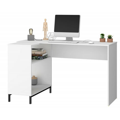 Beaux Meubles Pas Chers – Bureau d'angle blanc 135x69.5cm avec meuble de rangement 2 niches – Panneaux mélaminés – Pieds métalliques noirs modernes