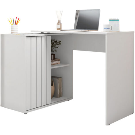 Beaux Meubles Pas Chers – Bureau d'angle blanc avec armoirette 1 porte et 3 niches – Dimensions L 139.9 x H 75 x P 45.1 cm – Bois certifié FSC
