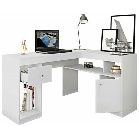 Beaux Meubles Pas Chers – Bureau d'angle blanc laqué avec caisson et rangements – Bois certifié FSC – Dimensions 101.4x43 cm et 111.6x24 cm – Optimise l'espace de travail