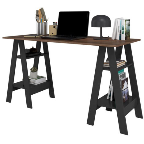 Beaux Meubles Pas Chers – Bureau droit 2 tréteaux 4 niches noir imitation châtaignier – Dimensions L 135 x H 75 x P 60 cm – Panneaux de particules mélaminés FSC