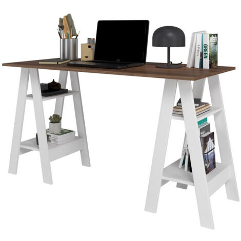 Beaux Meubles Pas Chers – Bureau droit 2 tréteaux avec 4 niches – Blanc et châtaignier – Dimensions L 135 x H 75 x P 60 cm – Panneaux mélaminés 15 mm