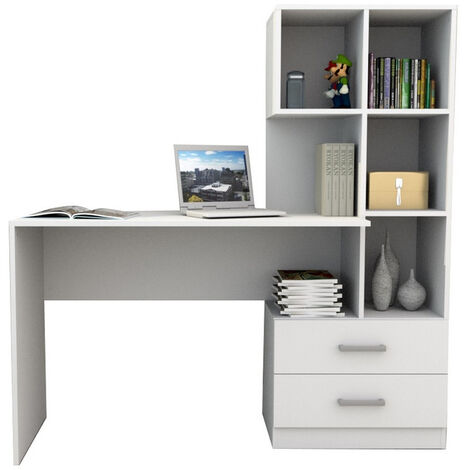 Beaux Meubles Pas Chers – Bureau droit avec bibliothèque intégrée – 2 tiroirs – 6 niches – Panneaux de particules mélaminés – Dimensions L 108.3 H 130 P 40 cm