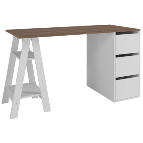 Beaux Meubles Pas Chers – Bureau droit tréteau avec caisson 3 tiroirs – Blanc et châtaignier – Dimensions L 135 x H 75 x P 60 cm – Bois certifié FSC