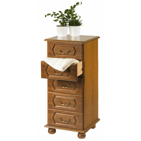 Beaux Meubles Pas Chers – Chiffonnier en chêne rustique 5 tiroirs – Dimensions L 44.2 H 93.7 P 41 cm – Structure plaquée chêne massif – Fabrication française