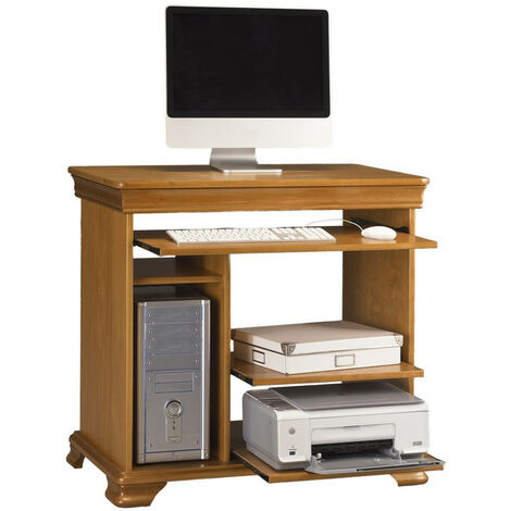Beaux Meubles Pas Chers – Desserte informatique pin massif miel 5 niches L 88 H 85.5 P 55 cm – Tablette coulissante pour clavier – Glissières métalliques