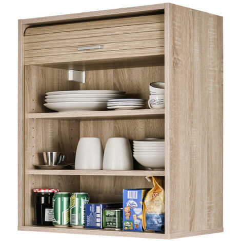 Beaux Meubles Pas Chers – Meuble de cuisine chêne naturel 2 étagères – Dimensions L 60 H 72 P 35 cm – Rideau coulissant – Tablettes réglables en hauteur