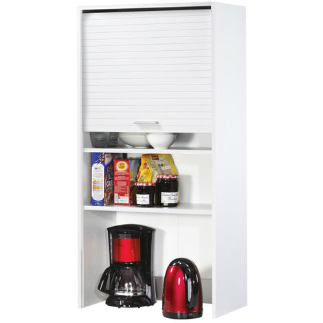 Beaux Meubles Pas Chers – Meuble haut de cuisine blanc avec rideau coulissant – 3 tablettes réglables – Dimensions L 60 x H 123,6 x P 35 cm – Éco-conçu en panneaux mélaminés