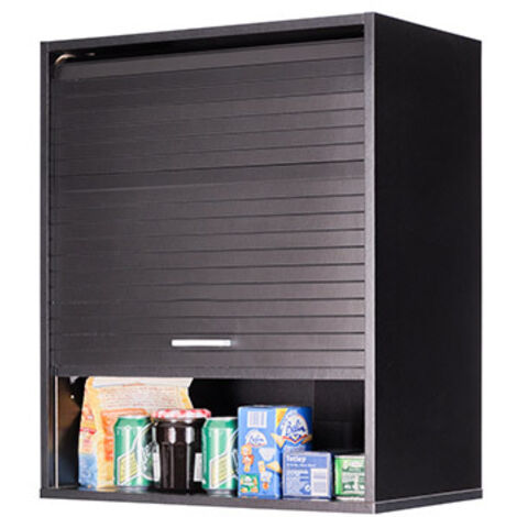 Beaux Meubles Pas Chers – Meuble haut de cuisine noir avec rideau coulissant – 2 étagères – Dimensions L 60 cm x P 35 cm x H 72 cm – Panneaux mélaminés éco-conçus