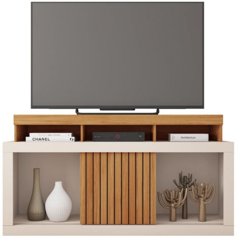 Beaux Meubles Pas Chers – Meuble TV 55 pouces imitation chêne et blanc écreu – 1 porte coulissante – 6 roulettes – Dimensions L 136 x H 74 x P 39 cm