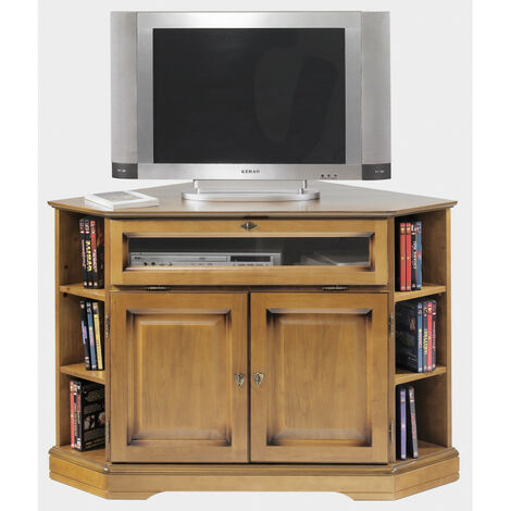 Beaux Meubles Pas Chers – Meuble TV d'angle 2 portes plaqué merisier – Dimensions 114x77x77 cm – Abattant vitré et quincaillerie métal doré – Fabrication française