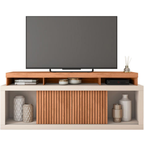 Beaux Meubles Pas Chers – Meuble TV moderne 180 cm – Pour téléviseurs jusqu'à 70 pouces – 2 portes coulissantes – Finition imitation chêne et blanc écru