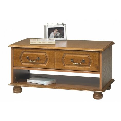 Beaux Meubles Pas Chers – Table basse rectangulaire en chêne massif – 2 tiroirs et 1 niche – Dimensions L 82.4 x H 42 x P 46.5 cm – Finition rustique