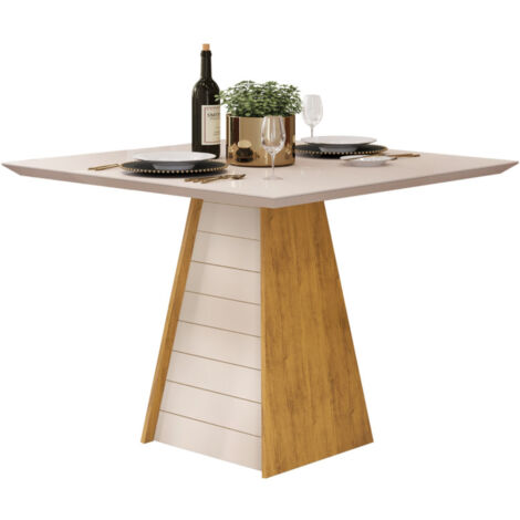 Beaux Meubles Pas Chers – Table à manger carrée 4 places chêne et blanc – Plateau en verre laqué – Dimensions L 90 x P 90 x H 80.7 cm – Design moderne