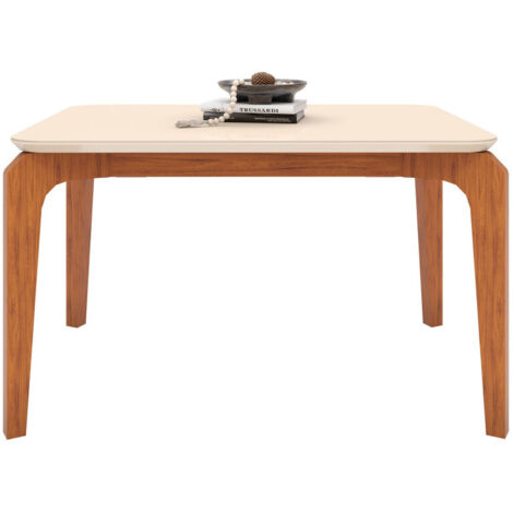 Beaux Meubles Pas Chers – Table de salle à manger rectangulaire 4-6 personnes – Chêne et blanc – Plateau en verre laqué 136x90cm – Angles arrondis et pieds sur patins