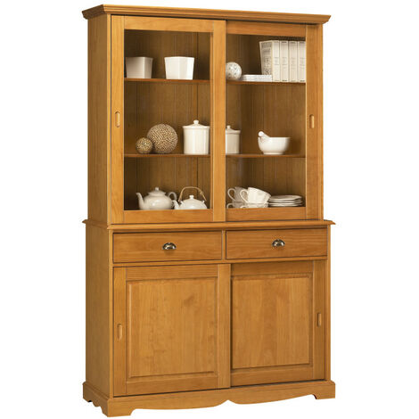 Beaux Meubles Pas Chers – Vaisselier en pin miel 4 portes coulissantes 2 tiroirs – Dimensions L 121 x H 198.8 x P 42.3 cm – Finition semi-antiquaire