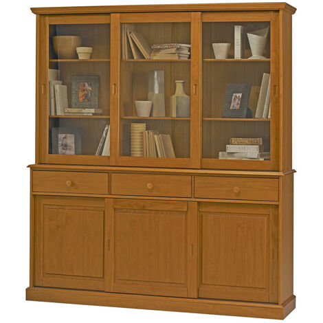 Beaux Meubles Pas Chers – Vaisselier pin massif teinté miel 6 portes coulissantes – 3 tiroirs – 10 niches – L 178.6 H 199 P 42.3 cm – meuble buffet élégant