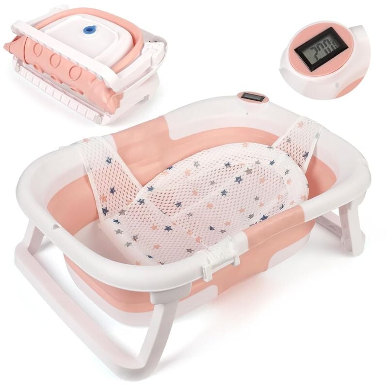 Bébé Baignoire Enfants Pliable Bain Sûr 3 en 1 0-6 Ans avec Pieds Portable avec Filet de Sécurité Thermomètre rose