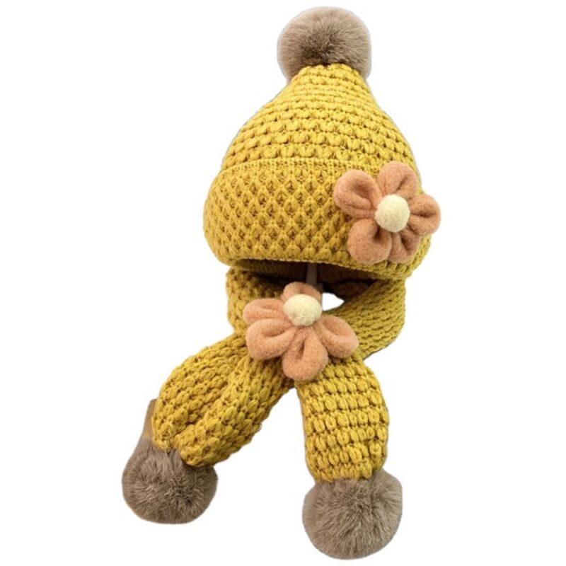 Bébé Fille Hiver Chaud Bonnet bébé Tout-Petit Enfant Crochet Hairball Cap Casquette de Ski (Yellow, bonnet + écharpe)