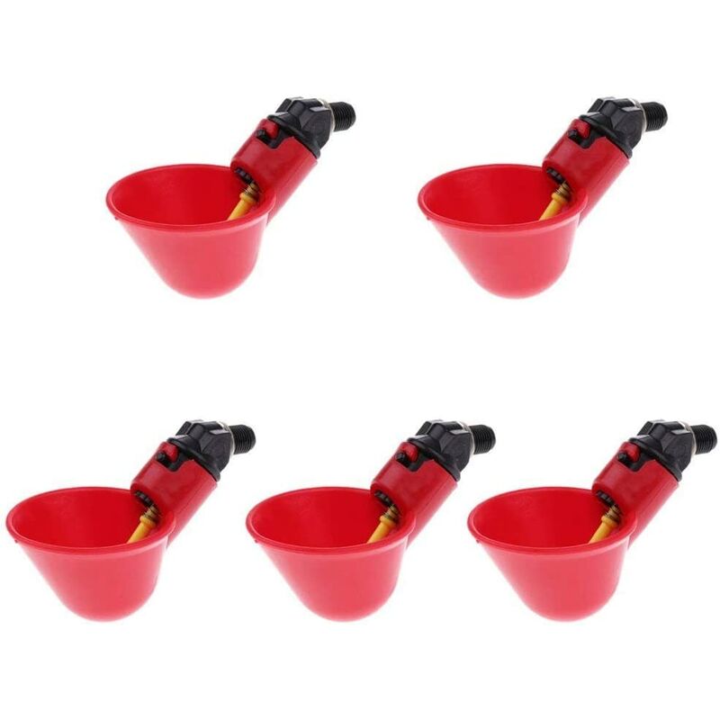 

Bebedero automático de pollo de 5 uds, tazas de agua potable, práctico bebedero de plástico rojo para pájaros, gallina, aves de corral