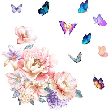 BEBUSINGOTO 1 juego de pegatinas de pared grandes de mariposas y flores, pegatinas de pared de mariposas peonía rosa de colores, calcomanías de pared extraíbles para dormitorio, sala de estar y guarde