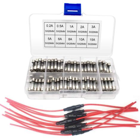 BEBUSINGOTO 10 portafusibles en línea AGC de 5 x 20 mm, tipo tornillo, con cable de 22 AWG + 100 fusibles de vidrio de fusión rápida de 5 x 20 mm (0,2 A, 0,5 A, 1 A, 2 A, 3 A, 5 A, 6 A, 8 A, 10 A, 15 