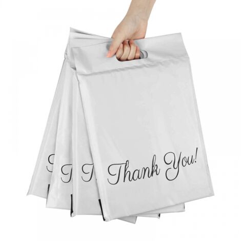 BEBUSINGOTO 100 sobres de plástico para correo, resistentes e impermeables, con asa para embalaje, almacenamiento y compras, 25 x 33 cm + 5 cm + 6 cm (blancos)