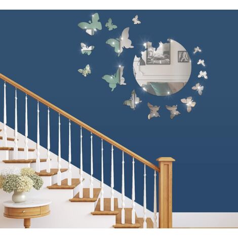 BEBUSINGOTO 17 Pièces 3D Acrylique Miroir Décoration Murale Autocollants Amovible Papillon Miroir Stickers Muraux DIY Miroir Papillon (Argent)