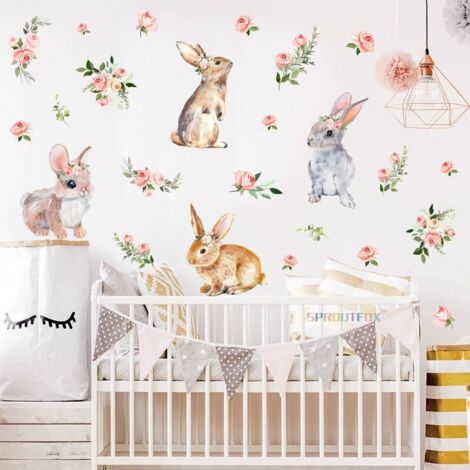 BEBUSINGOTO 1pc Kaninchen Blume Wand Aufkleber Aufkleber für Kinder Baby Kindergarten Wohnzimmer Schlafzimmer