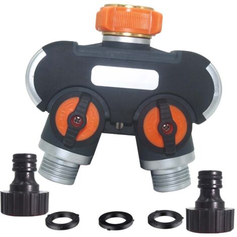 BEBUSINGOTO 2-Wege-Verteiler, Gartenschlauchverteiler, Bewässerungsverteiler, einstellbarer und arretierbarer Wasserdurchfluss, mit 2 Anschlüssen und 4 Gummidichtungen