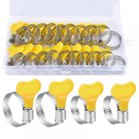 BEBUSINGOTO 20 Stück verstellbare Schlauchschellen, 16–25/19–29 mm, Edelstahl-Schlauchschellen mit drehbarem Griff, gelbe Box, für Waschmaschinen, Schwimmbäder, Autos, Gasleitungen