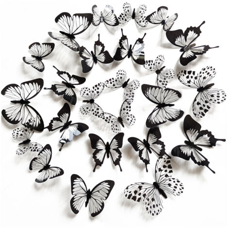 BEBUSINGOTO 24 Pcs Papillon Décoration Murale Autocollant Paillettes Amovible 3D Murale Papillon Décor À La Maison Salon Chambre Sticker Fête D'anniversaire De Mariage avec De Colle Noir Blanc