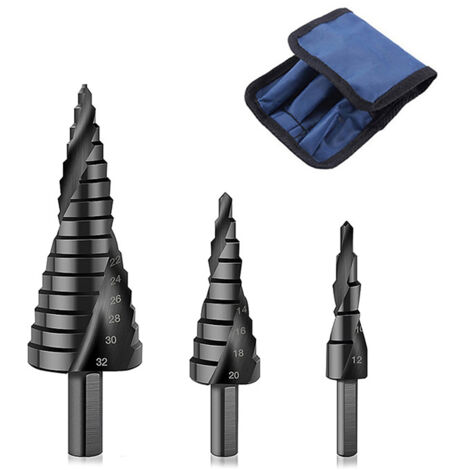 BEBUSINGOTO 3-teiliges HSS-Stufenbohrer-Set, schwarzer spiralförmiger, geriffelter Dreiecksschaft, geeignet für Edelstahl und Metall (4–32 mm/4 x 20 mm/4–12 mm)