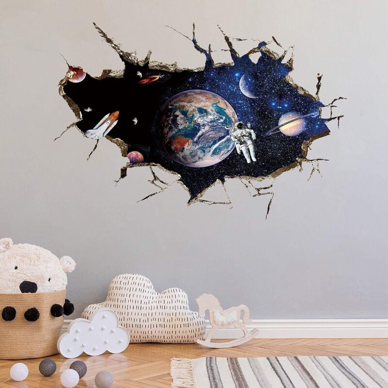 BEBUSINGOTO 3D Planet Galaxy Astronaute Stickers Muraux, Amovible Univers Espace Vaisseau Spatial Vue Fenêtre Stickers Muraux pour Enfants Enfants