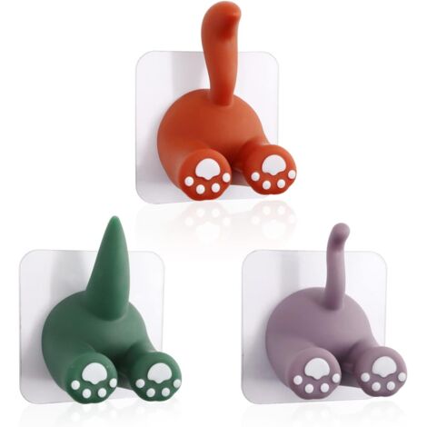 BEBUSINGOTO 3er-Pack Mehrzweckhaken mit Tierschwanz, selbstklebender Wandhaken mit Cartoon-Motiv, süßer Zahnbürstenhalter, Kleiderbügel für Küche und Badezimmer